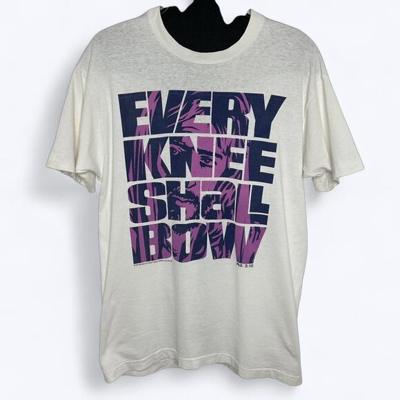 Every Knee Shall Bow Phil 2:10 Jesus Graphic T Shirt Sz L Single Stitch Vtg 90s - Picture 1 of 16